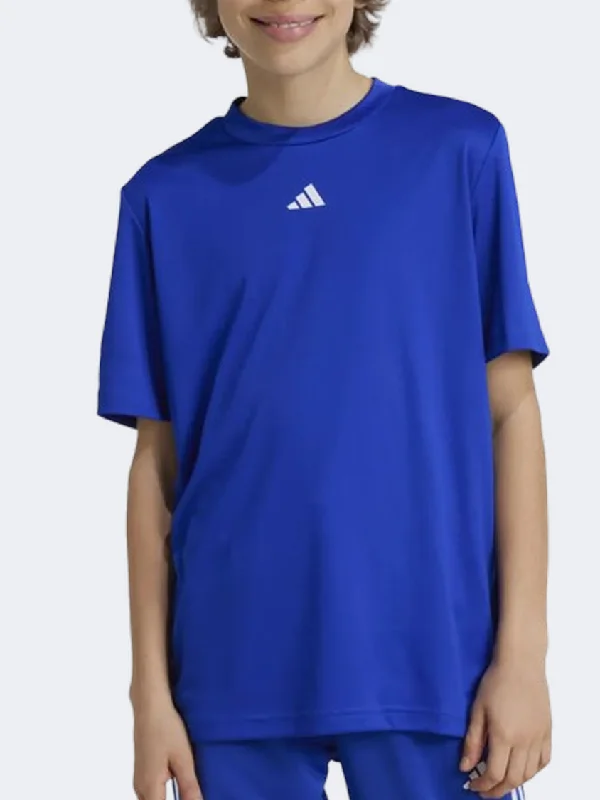 Men's short-sleeve earthy brown top-Adidas Essentials Logo Boys Sportswear T-Shirt Blue/White