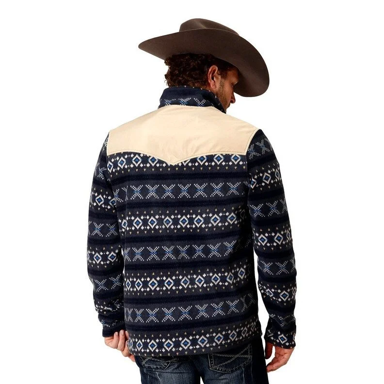 Men's fair-trade jackets-Roper Western Jacket Mens Aztec Fleece Zip Navy 03-097-0692-6161 BU