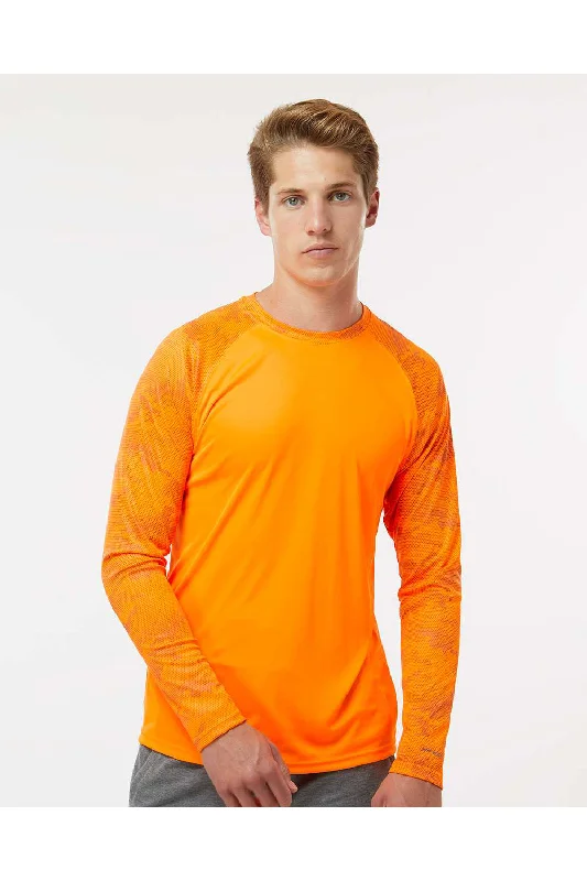 Men's short-sleeve luxury silk top-Paragon Mens Cayman Performance Moisture Wicking Camo Colorblock Long Sleeve Crewneck T-Shirt - Neon Orange