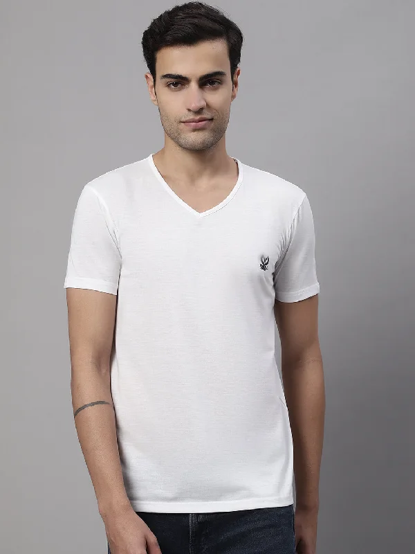 Men's short-sleeve solid black top-Vimal Jonney V Neck Cotton Solid White T-Shirt for Men