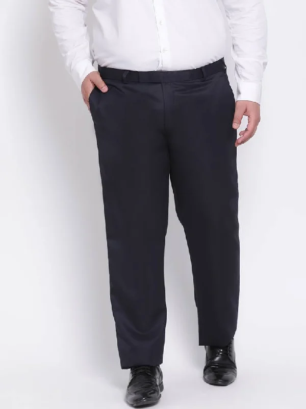 men's tailored pants-Elegant Navy Blue Polyester Viscose Solid Regular Trousers For Men