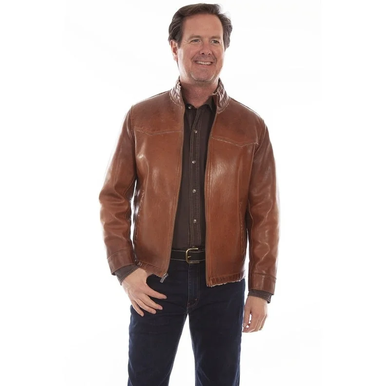 Men's sea jackets-Scully Western Jacket Mens Leather Zip High Collar Cognac F0_1083