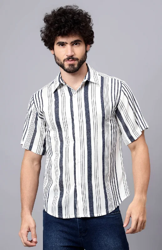 Men's short-sleeve solid black top-Sky Serenity | White & Blue Summer Shirt