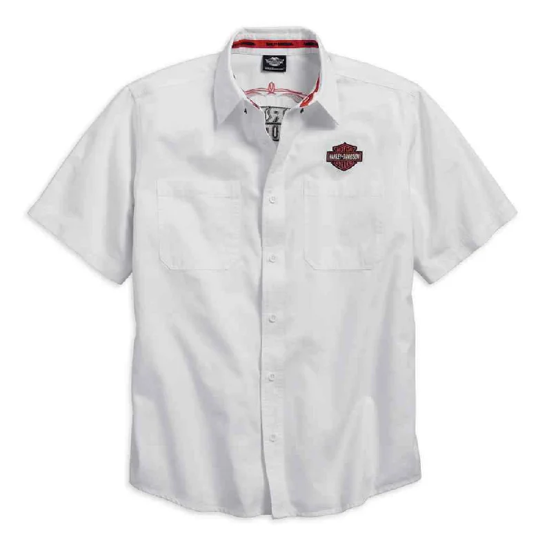 Men's short-sleeve Henley style shirt-Harley-Davidson® Men's Pinstripe Flames Button Woven Shirt, White 99050-16VM