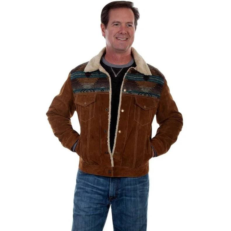 Men's compass jackets-Scully Western Jacket Mens Suede Jean Faux Shearling Collar F0_1015