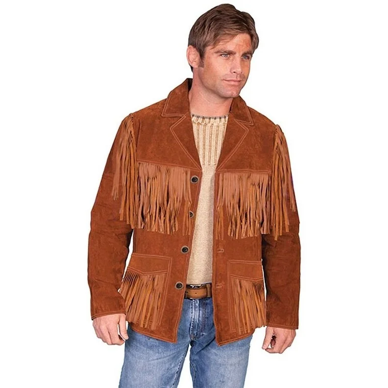 Men's unique jackets-Scully Western Jacket Mens Leather Button Front Fringe F0_86