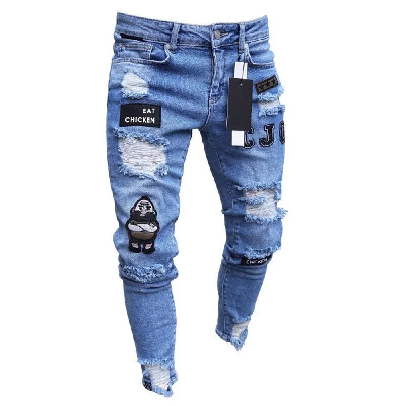 men's brown slim pants-3 Styles Men Stretchy Ripped Skinny Biker Embroidery Print Jeans Destroyed Hole Taped Slim Fit Denim Scratched High Quality Jean