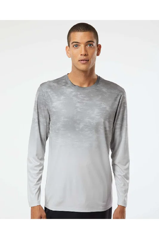 Men's short-sleeve neon green top-Paragon Mens Montauk Oceanic Fade Performance Moisture Wicking Long Sleeve Crewneck T-Shirt - Aluminum Grey - Closeout