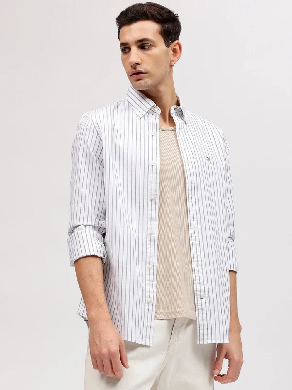 Men's short-sleeve snug navy shirt-Gant Men White Striped Button-down Collar Full Sleeves Shirt