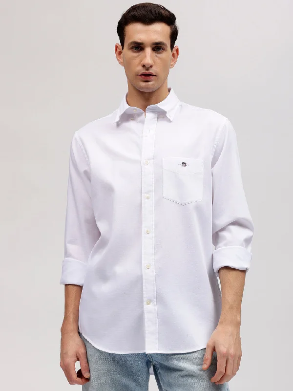 Men's short-sleeve basketball purple shirt-Gant Men White Solid Button-down Collar Full Sleeves Shirt