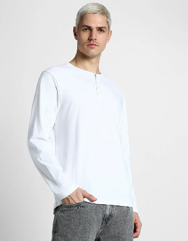 Men's short-sleeve low-cost white shirt-Henley White Solid Tshirt