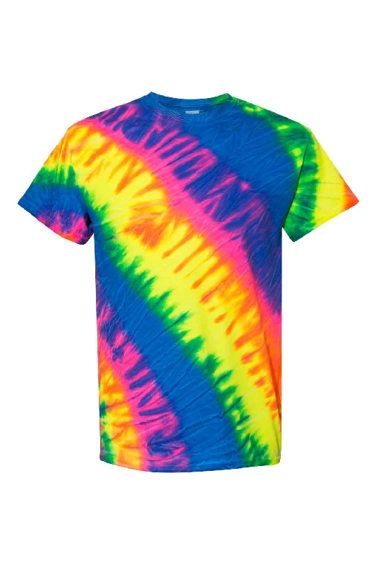 Men's short-sleeve barbecue red shirt-Dyenomite Mens Tilt Tie Dyed Short Sleeve Crewneck T-Shirt - Flo Rainbow - Closeout