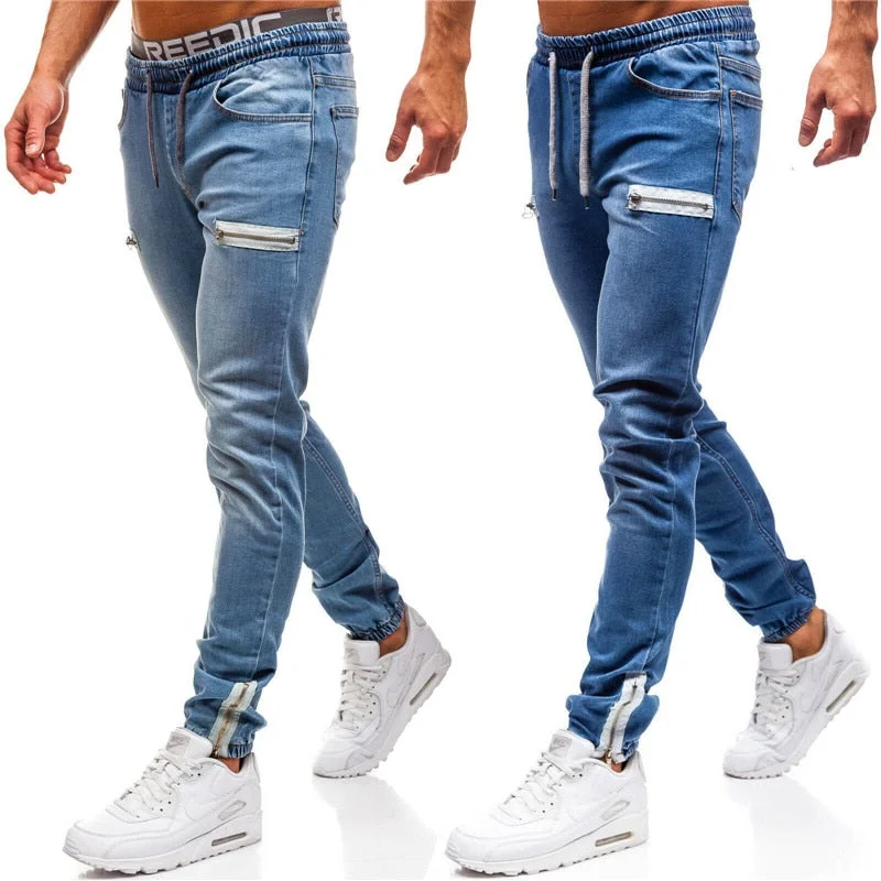 men's navy relaxed pants-3 Styles Men Stretchy Skinny Biker Slim Fit Denim Men Multi-pocket zipper pencil Pants men casual jeans fashion Casual Trousers