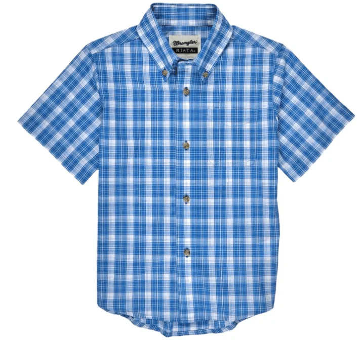 Men's short-sleeve sturdy canvas tee-Wrangler Boy's Riata Royal Blue / White Plaid Short Sleeve Western Shirt 112326420-BLU