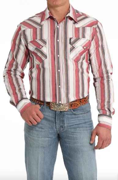 Men's short-sleeve burgundy slim fit tee-Cinch Men's White Stripe Modern Fit Snap Long Sleeve Western Shirt MTW1301079