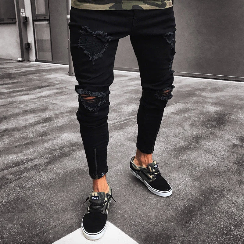 men's brown casual pants-Mens Cool Designer Brand Black Jeans Skinny Ripped Destroyed Stretch Slim Fit Hop Hop Pants With Holes For Men