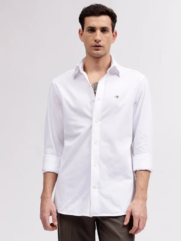 Men's short-sleeve lime green festival top-Gant Men White Solid Button-down Collar Full Sleeves Shirt