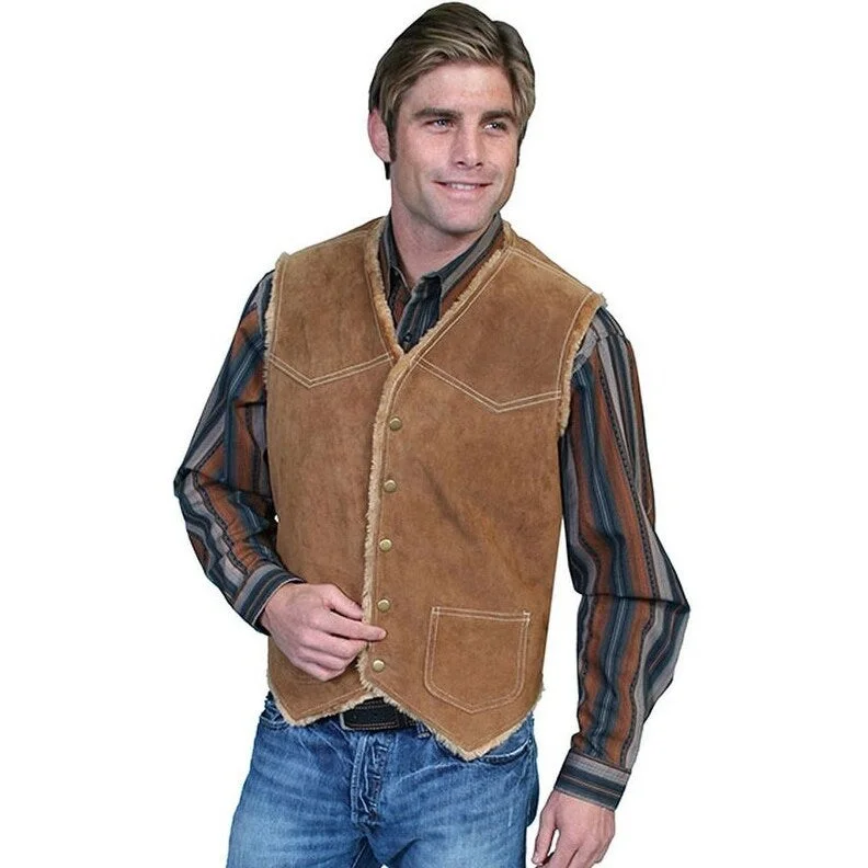 Men's patrol jackets-Scully Western Vest Mens Leather Button Front Faux Fur Pocket F0_82