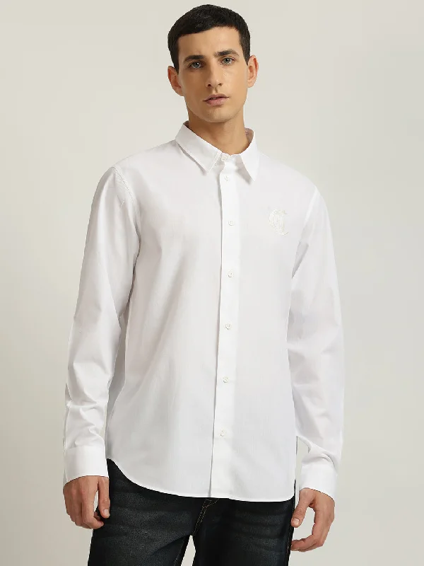 Men's short-sleeve Henley style shirt-Just Cavalli Men White Solid Spread Collar Full Sleeves Shirt