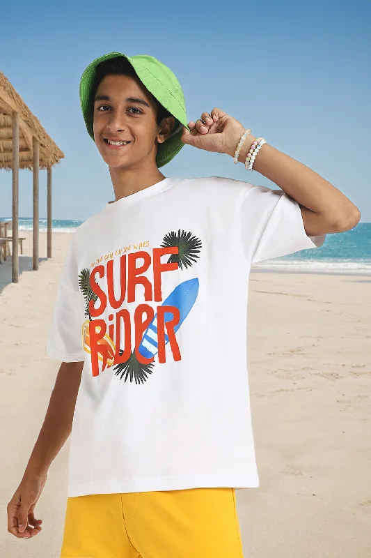 Men's short-sleeve neon green top-Surf Rider White Oversized Graphic Front Printed Boys T-shirt