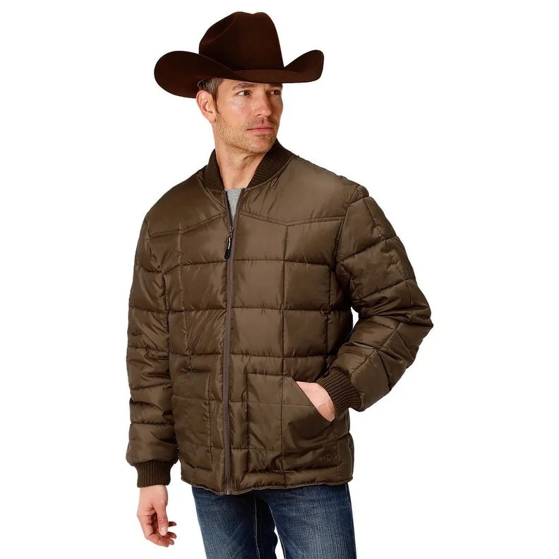 Men's runner jackets-Roper Western Jacket Mens Quilted Logo Zip Brown 03-097-0761-0526 BR