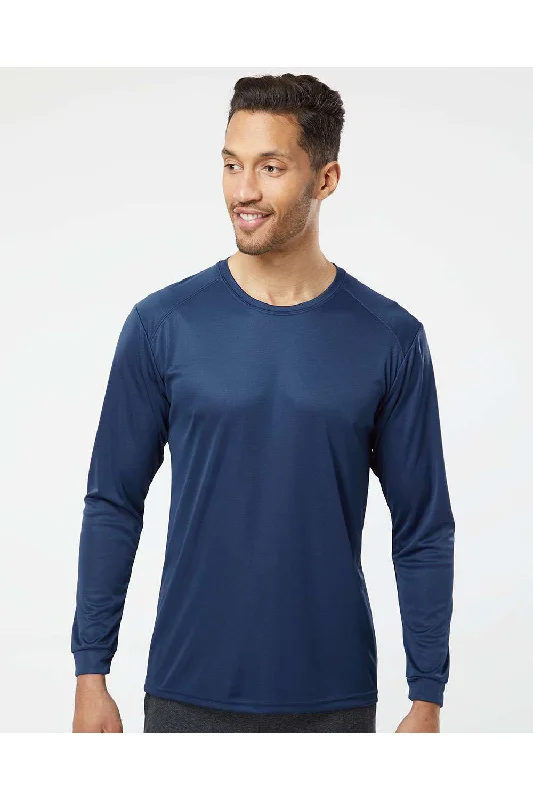 Men's short-sleeve rugged denim top-Paragon Mens Islander Performance Moisture Wicking Long Sleeve Crewneck T-Shirt - Navy Blue