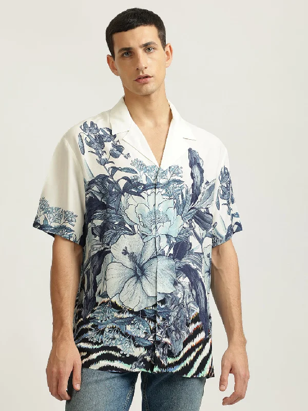 Men's short-sleeve recycled polyester top-Just Cavalli Men White Printed Cuban Collar Short Sleeves Shirt