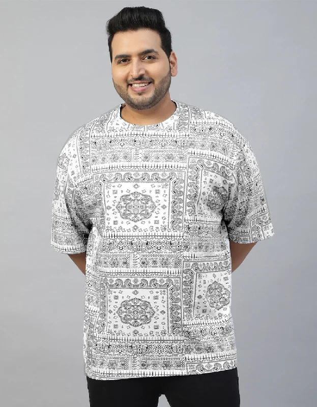 Men's short-sleeve coarse hemp shirt-Paisley White Oversized Plus Size All Over Printed Tshirt