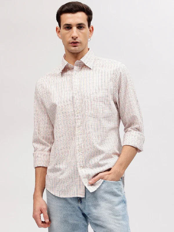 Men's short-sleeve faded denim tee-Gant Men Off White Checked Button-down Collar Full Sleeves Shirt