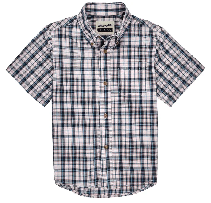 Men's short-sleeve smooth silk tee-Wrangler Boy's Riata Navy / White Multi Plaid Short Sleeve Western Shirt 112326420-NVY