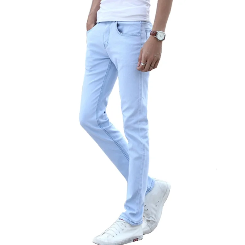 men's flat-front relaxed pants-Sky Blue Men's Stretch Jeans 28 29 30 31 32 33 34 36 Teen Fashion Casual Man Trousers Slim Elegant Comfort cotton Pants 2019