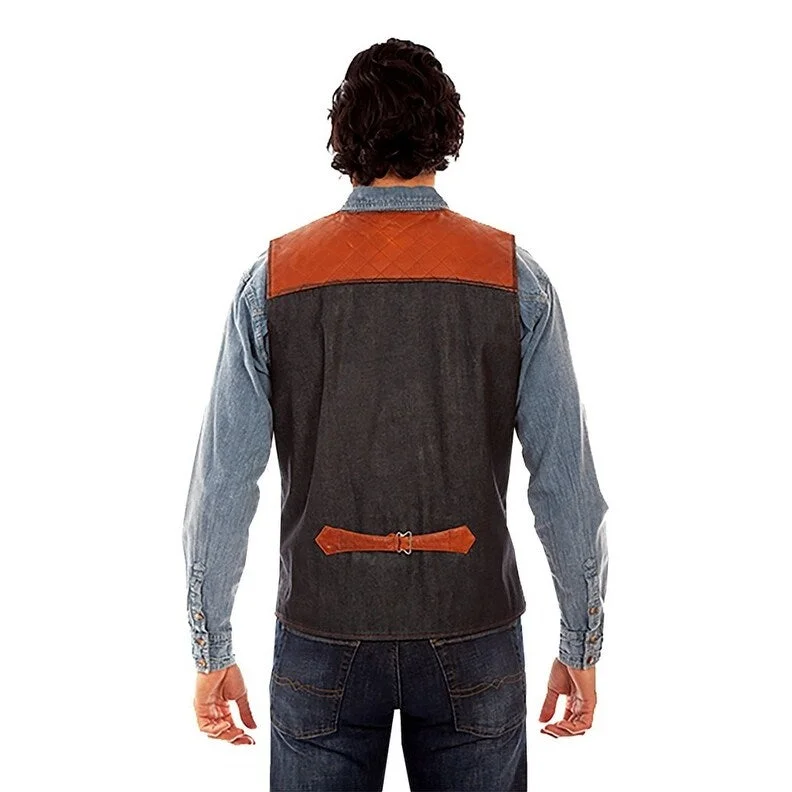 Men's winner jackets-Scully Western Vest Mens Leather Denim Back Button Cognac F0_1091