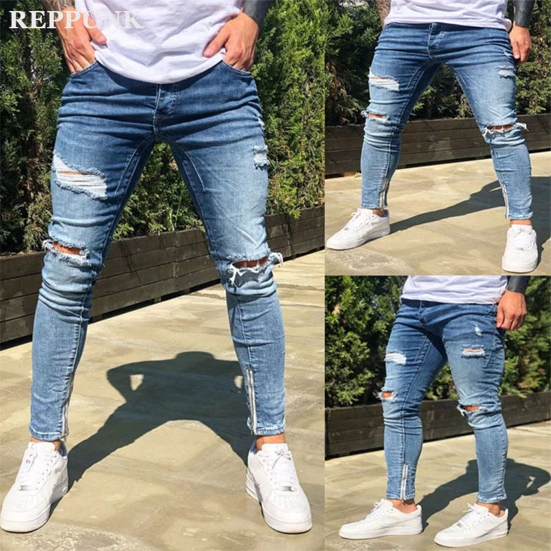 men's tapered jogger pants-2020 new Hot Sales Mens Skinny Stretch Denim Pants Distressed Ripped Freyed Slim Fit Jeans Trousers High Quality And Comfortable