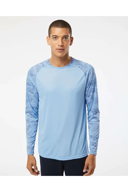 Men's short-sleeve climbing red tee-Paragon Mens Cayman Performance Moisture Wicking Camo Colorblock Long Sleeve Crewneck T-Shirt - Blue Mist