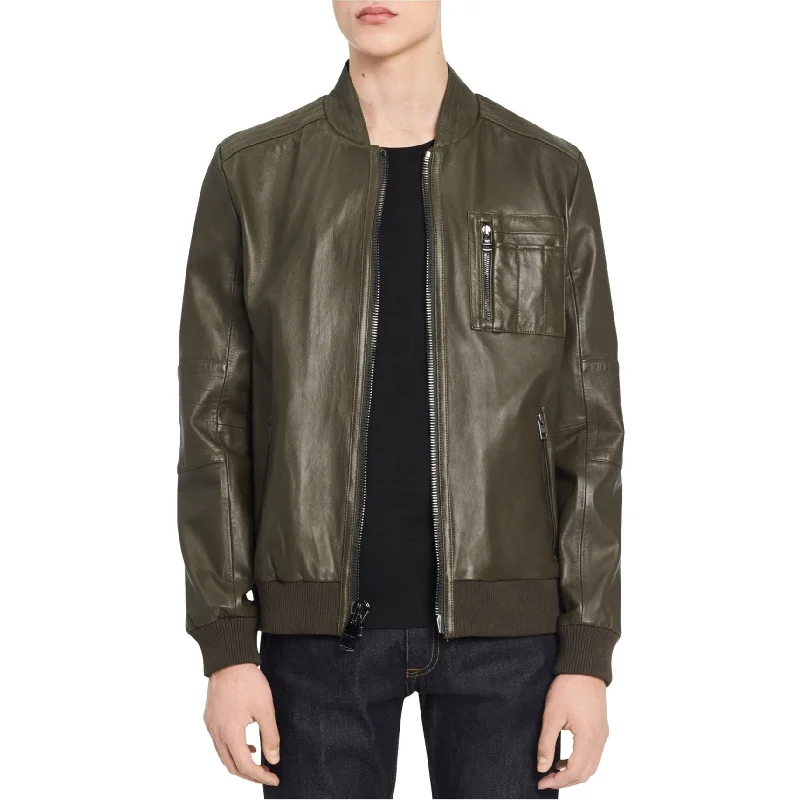 Men's vegan jackets-Calvin Klein Mens Genuine Leather Bomber Jacket, Green, X-Small