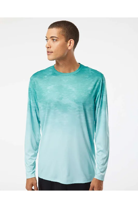 Men's short-sleeve structured purple tee-Paragon Mens Montauk Oceanic Fade Performance Moisture Wicking Long Sleeve Crewneck T-Shirt - Aqua Blue Fade - Closeout