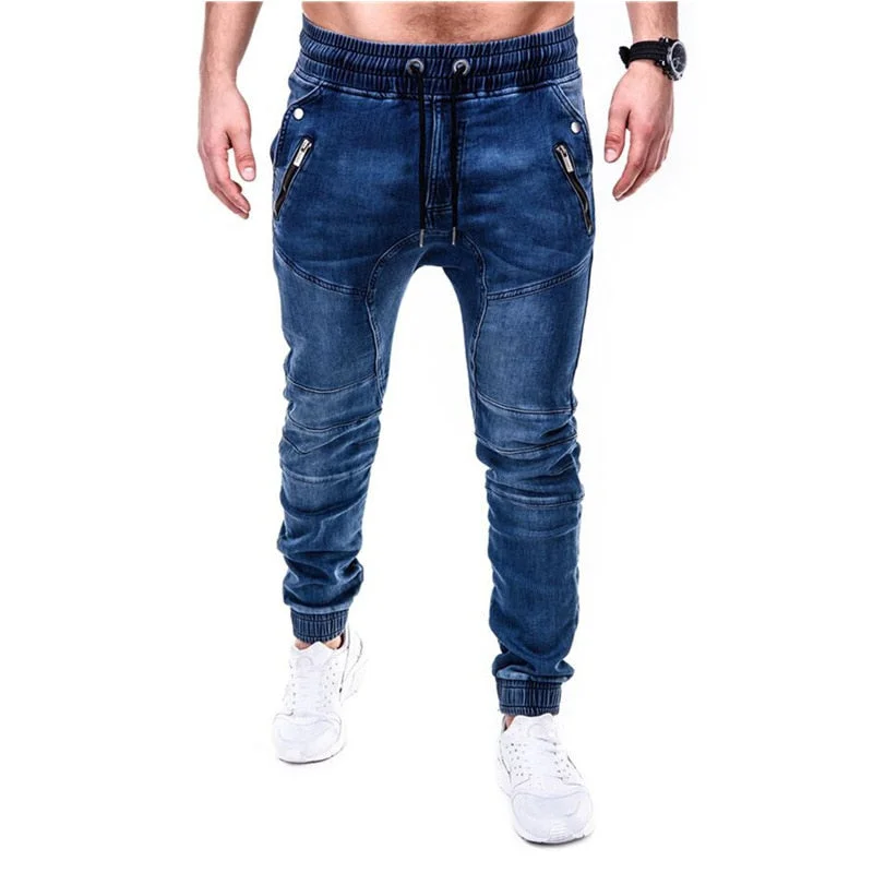 men's pleated relaxed pants-Men's Elastic Wash Denim Casual Sports Pants Leg - Tied Jeans Man