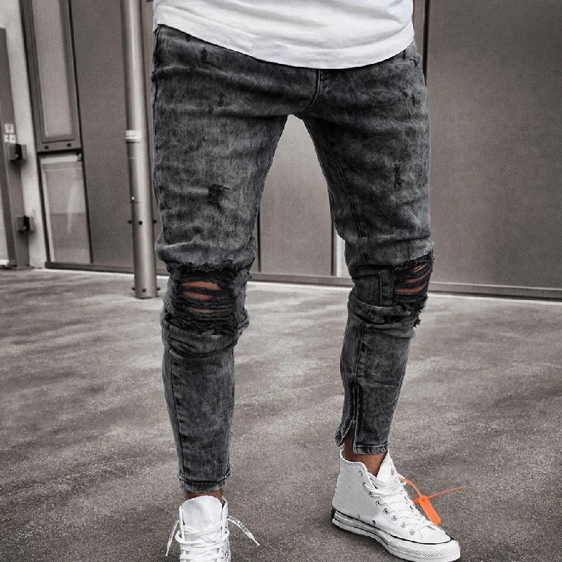 men's cotton casual pants-Men's Pants Skinny Stretch Denim Pants Distressed Ripped Freyed Slim Fit Casual Autumn Jeans Trousers Mens Long Pants Fashion