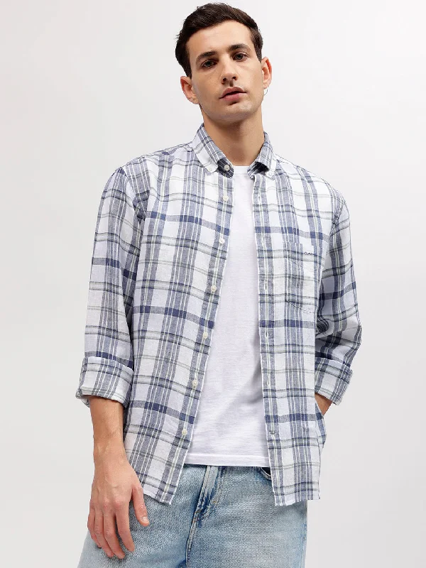 Men's short-sleeve structured purple tee-Gant Men Off White Checked Button-down Collar Full Sleeves Linen Shirt