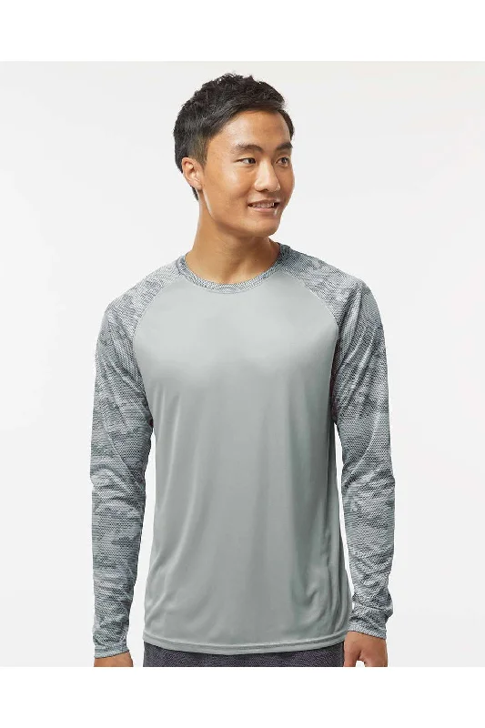 Men's short-sleeve recycled polyester top-Paragon Mens Cayman Performance Moisture Wicking Camo Colorblock Long Sleeve Crewneck T-Shirt - Medium Grey