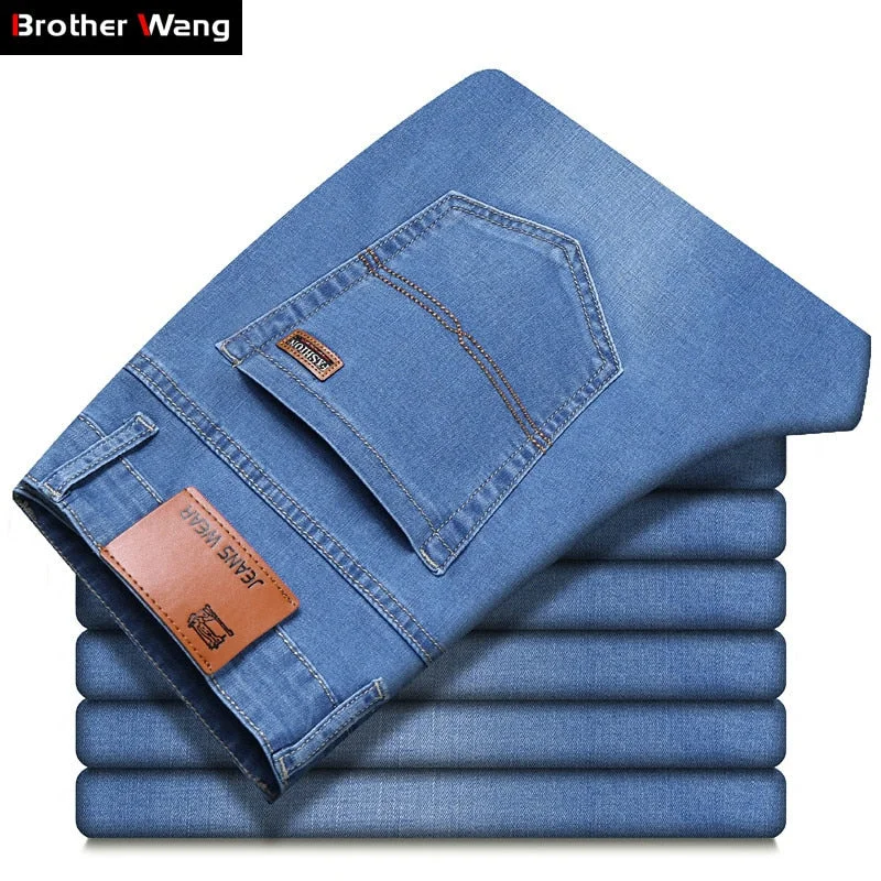 men's waterproof relaxed pants-2020 Summer New Men Thin Jeans Business Casual Light Blue Elastic Force Fashion Denim Jeans Trousers Male Brand Pants