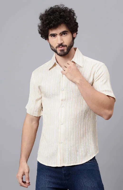 Men's short-sleeve midnight blue dress tee-Sunlit | White & Beige Summer Shirt