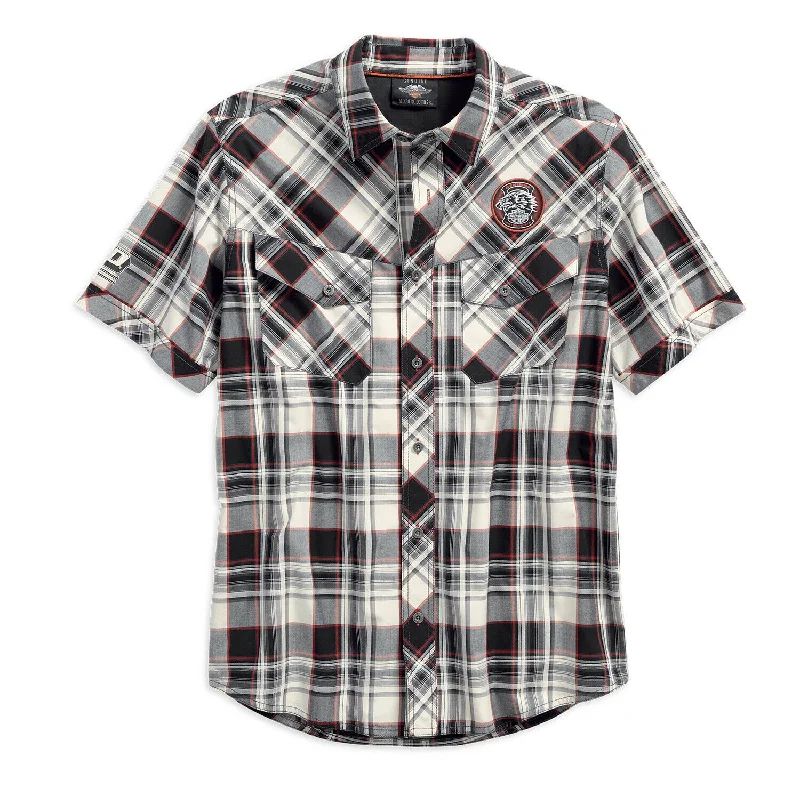 Men's short-sleeve low-cost white shirt-Harley-Davidson® Men's Performance Vented Plaid Woven Shirt, White 96548-19VM