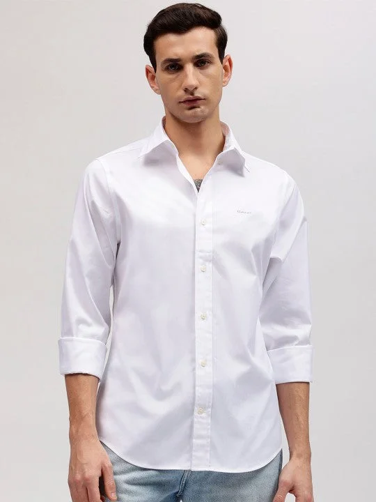 Men's short-sleeve airy linen shirt-Gant Men White Solid Button-down Collar Full Sleeves Shirt