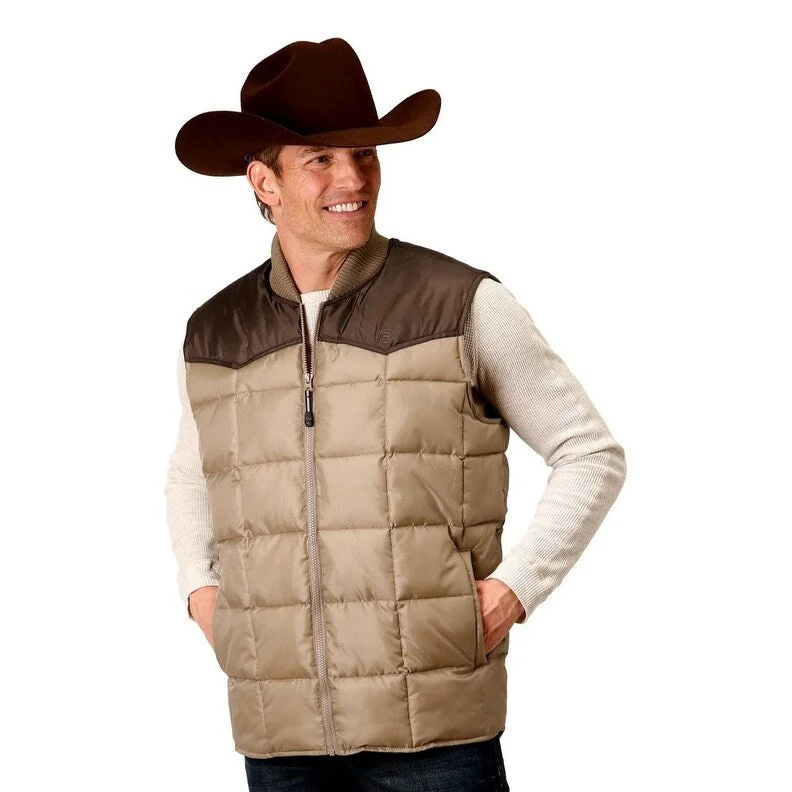 Men's unity jackets-Roper Western Vest Mens OPP Zip Quilted Khaki 03-097-0763-0535 BR