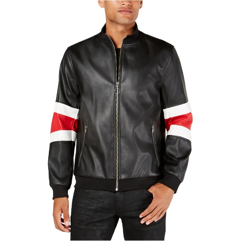 Men's fair-trade jackets-I-N-C Mens Stripe Faux-Leather Jacket, Black, Small