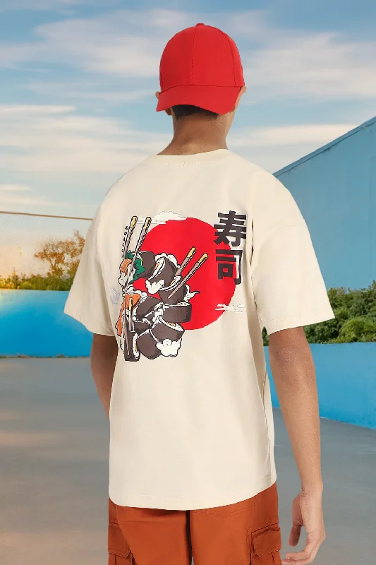 Men's short-sleeve barbecue red shirt-Kanji Swanwhite Oversized Graphic Back Printed Boys T-shirt