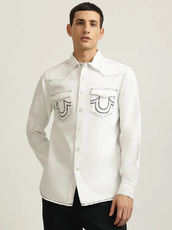 Men's short-sleeve concert black top-True Religion Men White Solid Spread Collar Full Sleeves Shirt