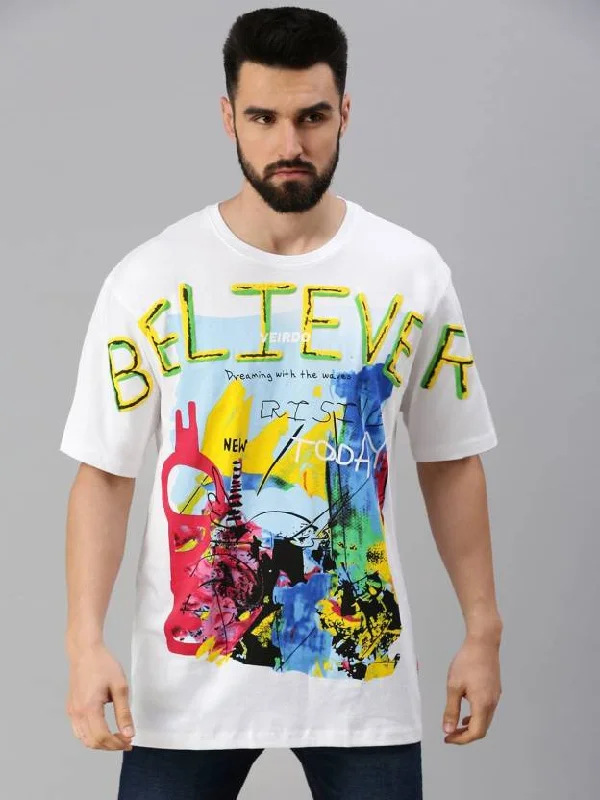 Men's short-sleeve coral summer shirt-Believer White Oversized Front Graphic  Printed Tshirt(Free Size)