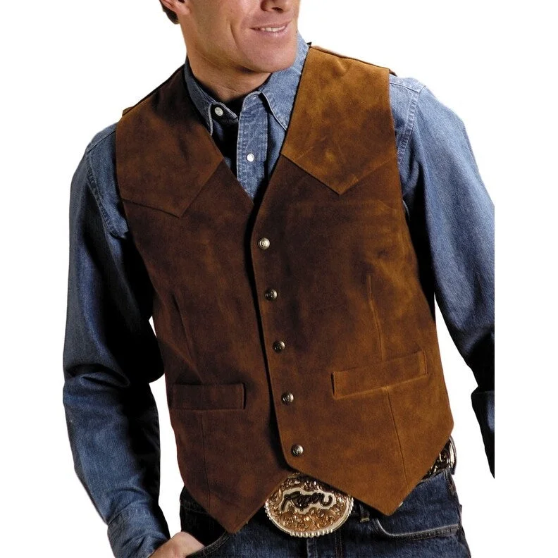 Men's biker jackets-Roper Western Vest Mens Leather Snap Sand Suede 02-075-0500-0711 BR